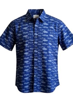 Sovereign Code Navy Blue Shark Print Button Down Short Sleeve Shirt Size Large